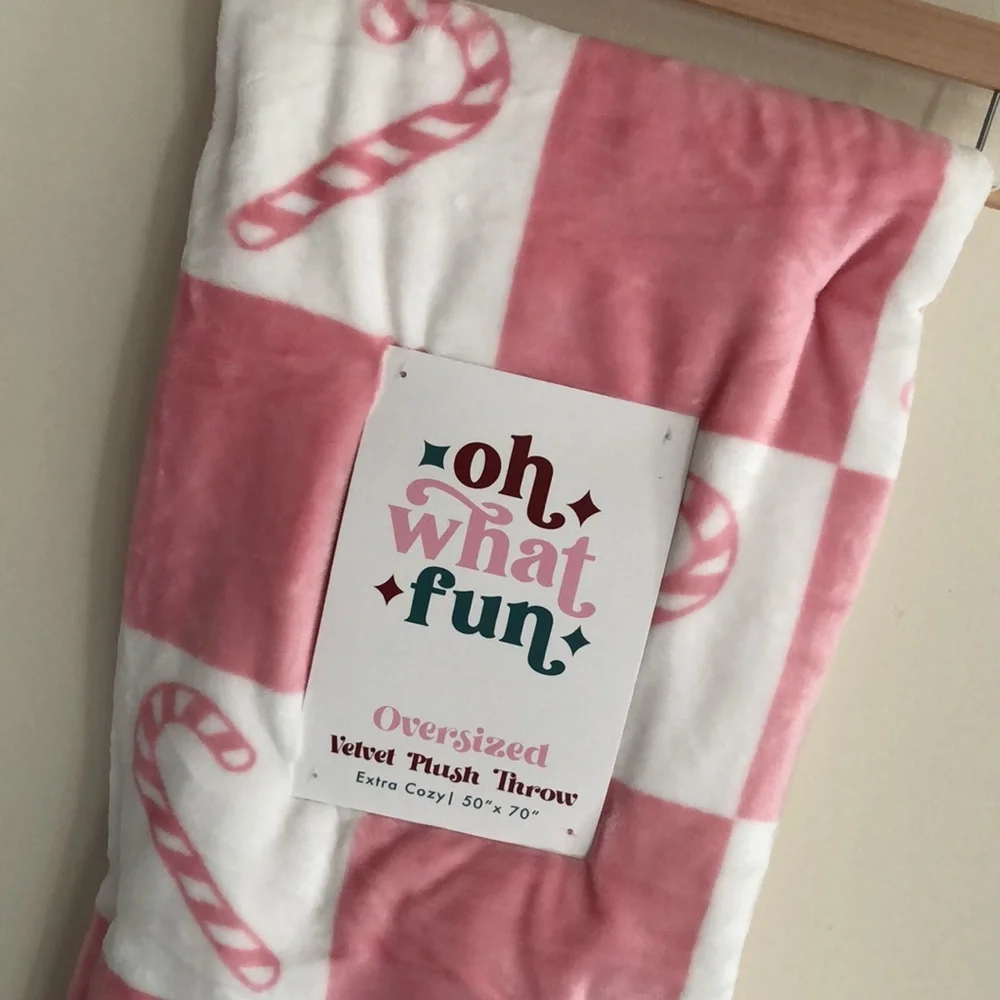 OH WHAT FUN!! Pink Candy Cane Plush Throw Blanket